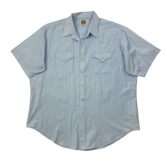 Ely Cattleman Shirt Mens 18.5 Spa Blue Pearl Snap Striped Short Sleeve Western - Picture 1 of 10